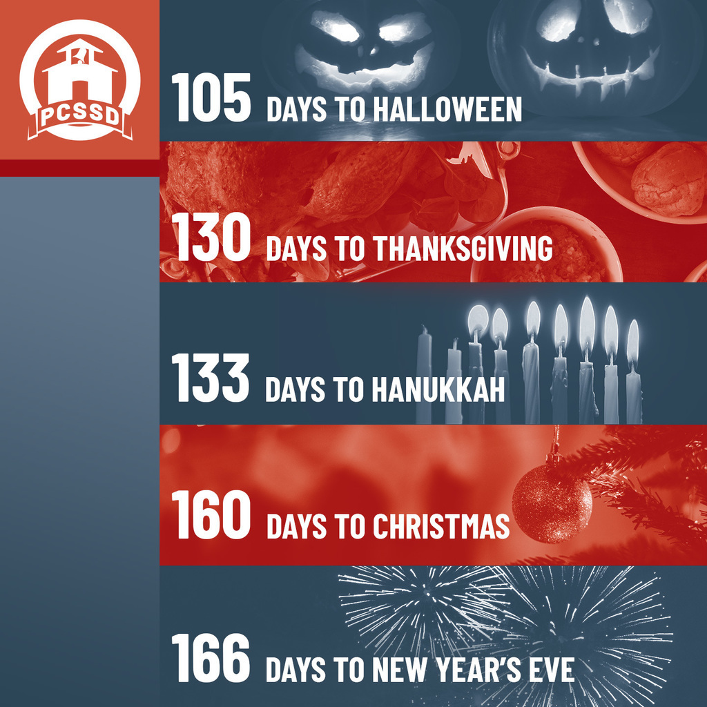 105 days to halloween; 130 days to thanksgiving; 133 days to hanukkah; 160 days to christmas; 166 days to new year's eve