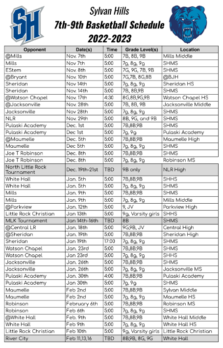 22-23 SHJH Basketball Schedule